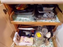Group Of Items Under Stove And Under Microwave, Glass Jars, Grader, Oil & V