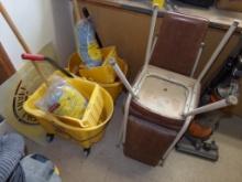 (2) Mop Buckets with Mops and (2) Brown Cushioned Chairs