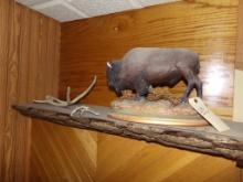 Frank Daugherty 1989 Buffalo Statue and a Large 4 Point Antler (Office Up)s