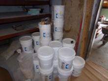 Group of Buckets Near Door, Mostly K-Poxy Part A Resin, Approx (18) Buckets