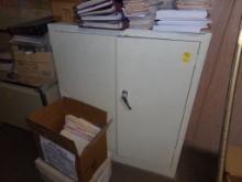 2 Door Metal Cabinet, Wooden Shelf, and Metal 4 Tier Shelf in Corner (Upsta