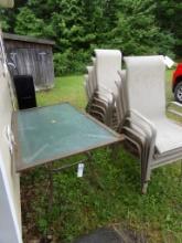 38'' X 66'' Glass Top Patio Table and (5) Matching Chairs (Outside Garage)