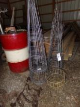 Group of Wire Tomato Cages and Yellow Egg Basket (Pole Barn)