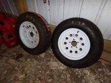 (2) New 5 Bolt 15'' Trailer Tires on Rims, ST205/75 x 15'', Never Bolted on