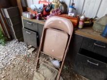 Steel Desk/Credenza, Folding Chair and Contents Including Funnels, Grease G