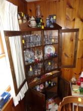 Corner Cabinet, Dark Early American Finish, Some Misc. Items in Drawer (Din