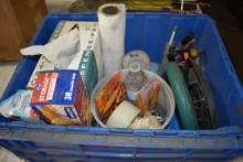 PLASTIC BIN WITH ASSORTED SUPPLIES; WIPES, TAPE,