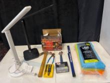 microfiber towels, Desk lamps (2), magnetic tool holder, starter logs, hammer, wrenches