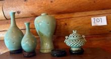 3 Korean style Goryeo Celadon "Crane" Vases