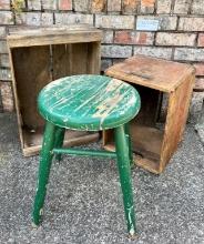 Rustic Wood Stool And Pair Of Wood Crates