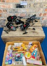 Collection Of Fishing Reels Plus Box Of Supplies