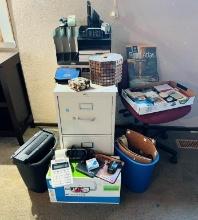 Office Chair, Metal File Cabinet, And Various Office Essentials