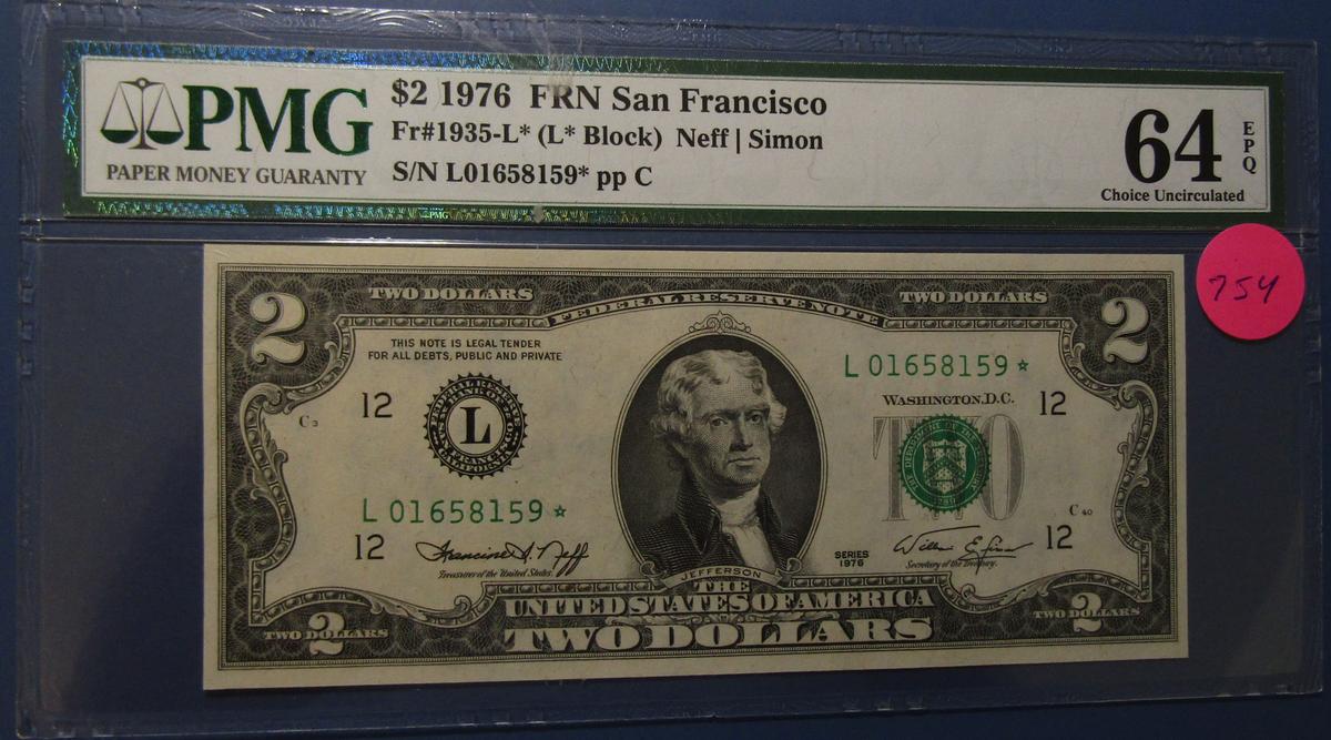 1976 $2.00 FRN SAN FRANCISCO NOTE FR 1935-L* PMG GEM UNC 64 EPQ