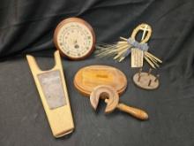 WOODEN GROUPING including Boot Puller, Early Primitive Clamp, wall clock