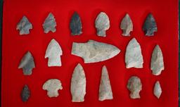 (17)Authentic Arrowheads and Spear Point Artifacts with Large Display Case