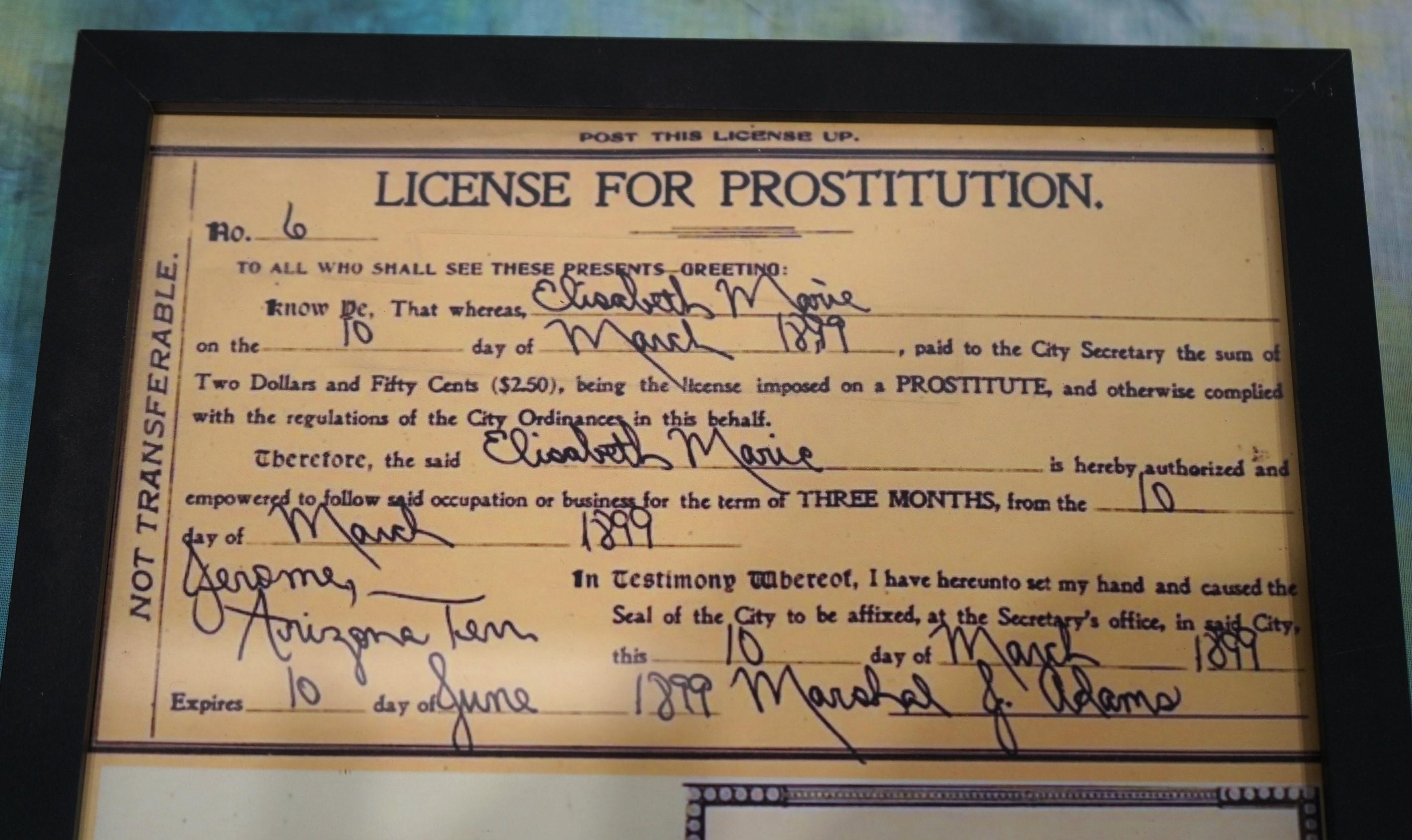 Framed Copy of a Old Historic Wild West Prostitution License