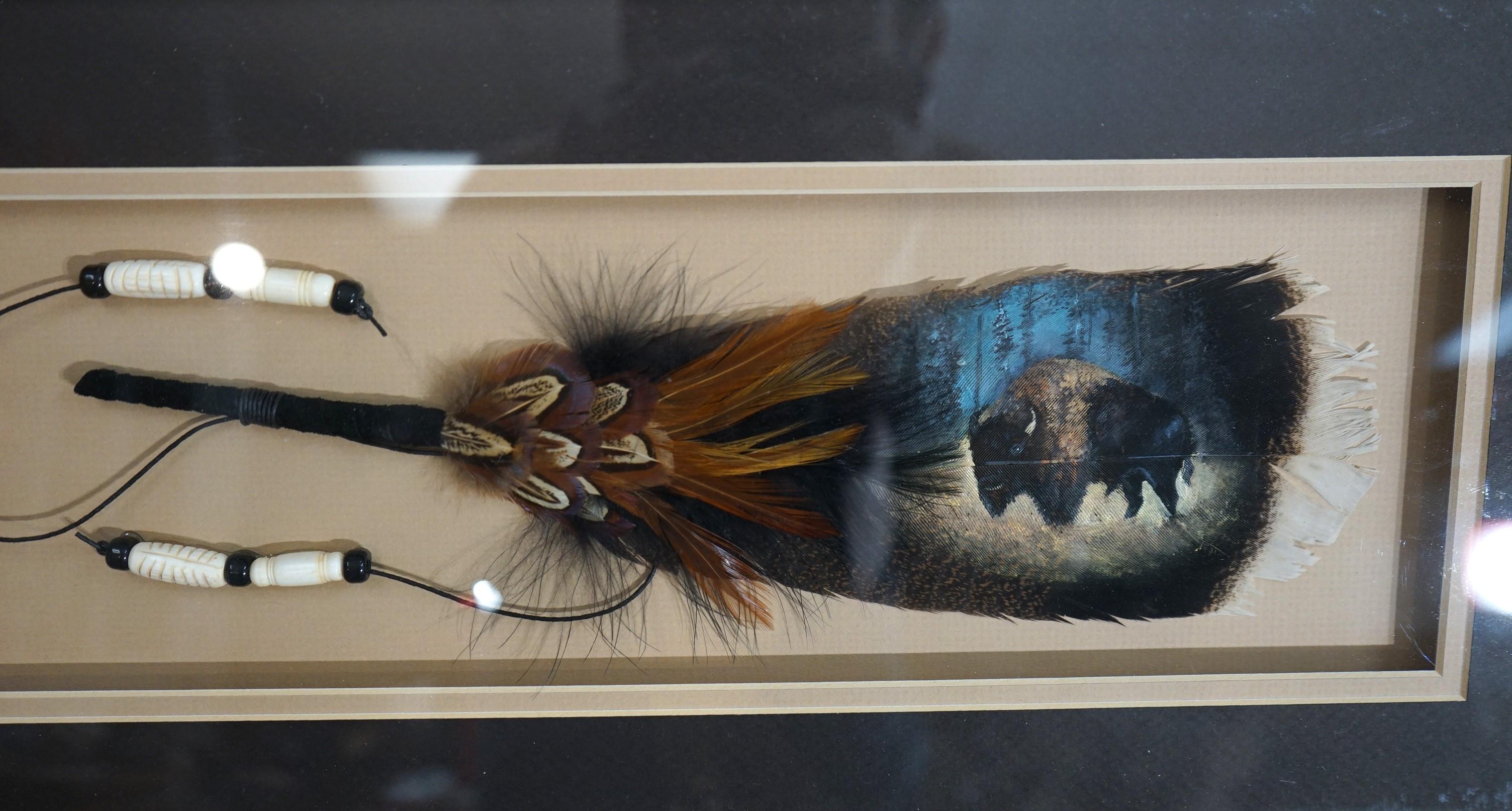 Beautiful Framed Wild Turkey Feather with a American Bison Painted on it