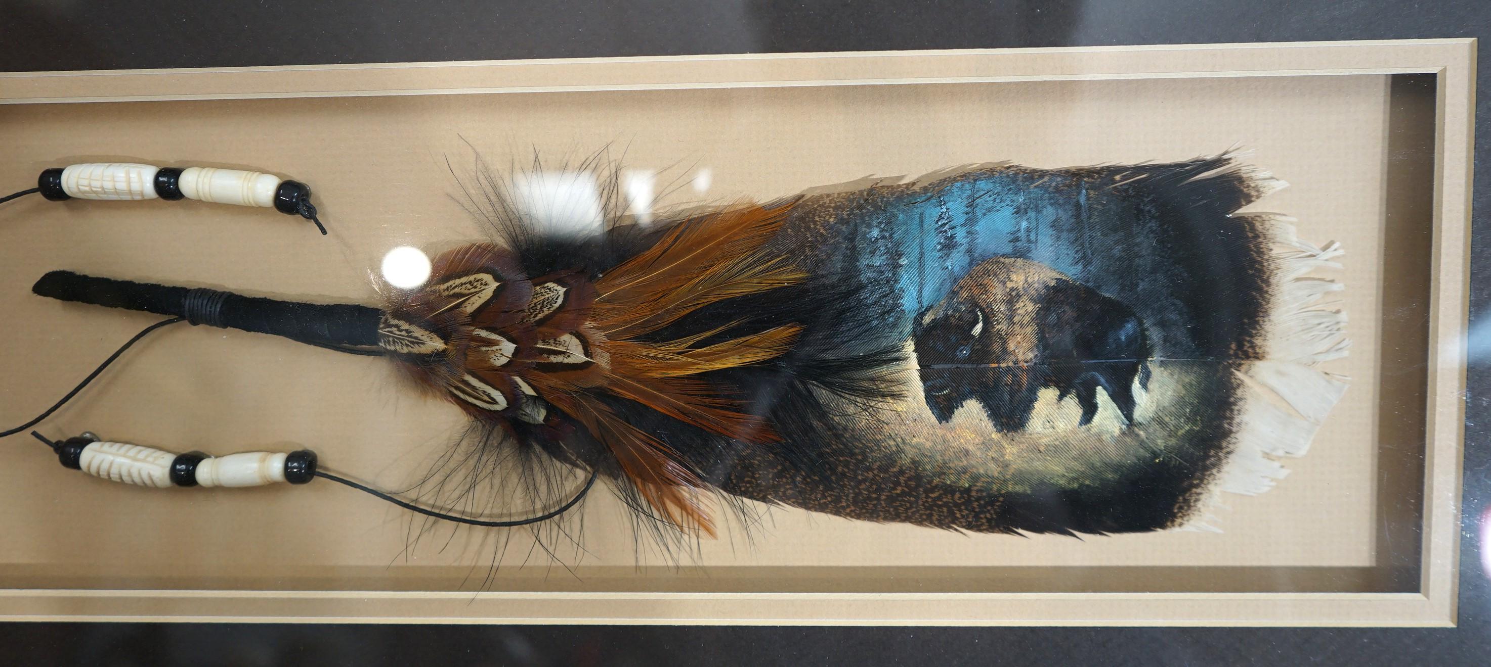 Beautiful Framed Wild Turkey Feather with a American Bison Painted on it