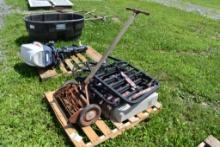 Pallet with Reel Mower, Tree Stand Platform, Wall Heater