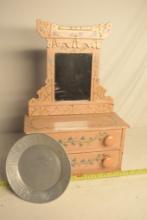 Antique 2 Drawer Doll Dresser with Mirror and Nursery Rhyme Plate