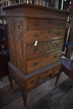 1725-1735 Black Walnut and Oak Hand Carved Highboy Dresser
