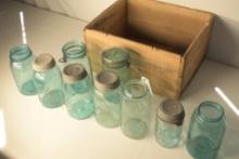 8 Blue Glass Mason Jars in Dunning Wooden Crate