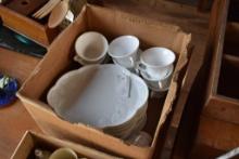 Box of Milk Glass Dishes and Cups