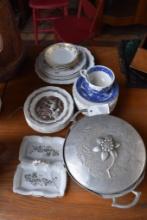 Aluminum Cast Dish with Glass Insert and Assorted Glass ware