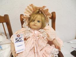 2 Sugar Britches with White dress and Phyllis in Pink Porcelen baby dolls with rocking chairs
