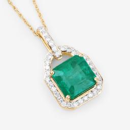 14KT Yellow Gold 3.01ct Zambian Emerald and Diamond Pendant with Chain