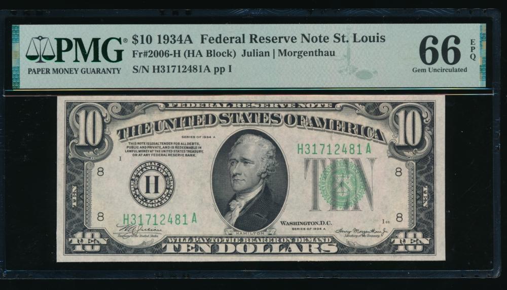 1934A $10 St Louis FRN PMG 66EPQ
