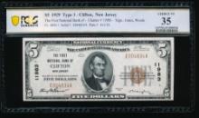 1929 $5 Clifton NJ National PCGS 35