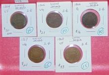 5 2¢ Bronzes: 1864, 1865, 1866, 1867, 1868.