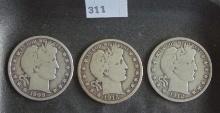 3 Barber Half Dollars: 1908-O, 1912, 1915-D.