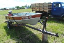 **T** 1967 12' Lund aluminum boat 6HP Johnson, one swivel seat, oars, & tank, anchor, on 1987 homema