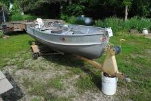 14' AlumaCraft boat on trailer with Johnson 15HP motor, 1-cushioned seat, TITLED (Sales tax & title