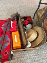 Straw hat, plastic lunch boxes, blanket