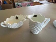 Fenton Hobnail milk glass cream and open oval sugar bowl set and 2 Fenton bud vases....