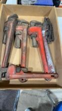 Box of pipe wrenches & chain wrench