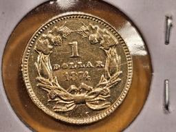 GOLD! Brilliant About Uncirculated -details 1874 Gold Dollar