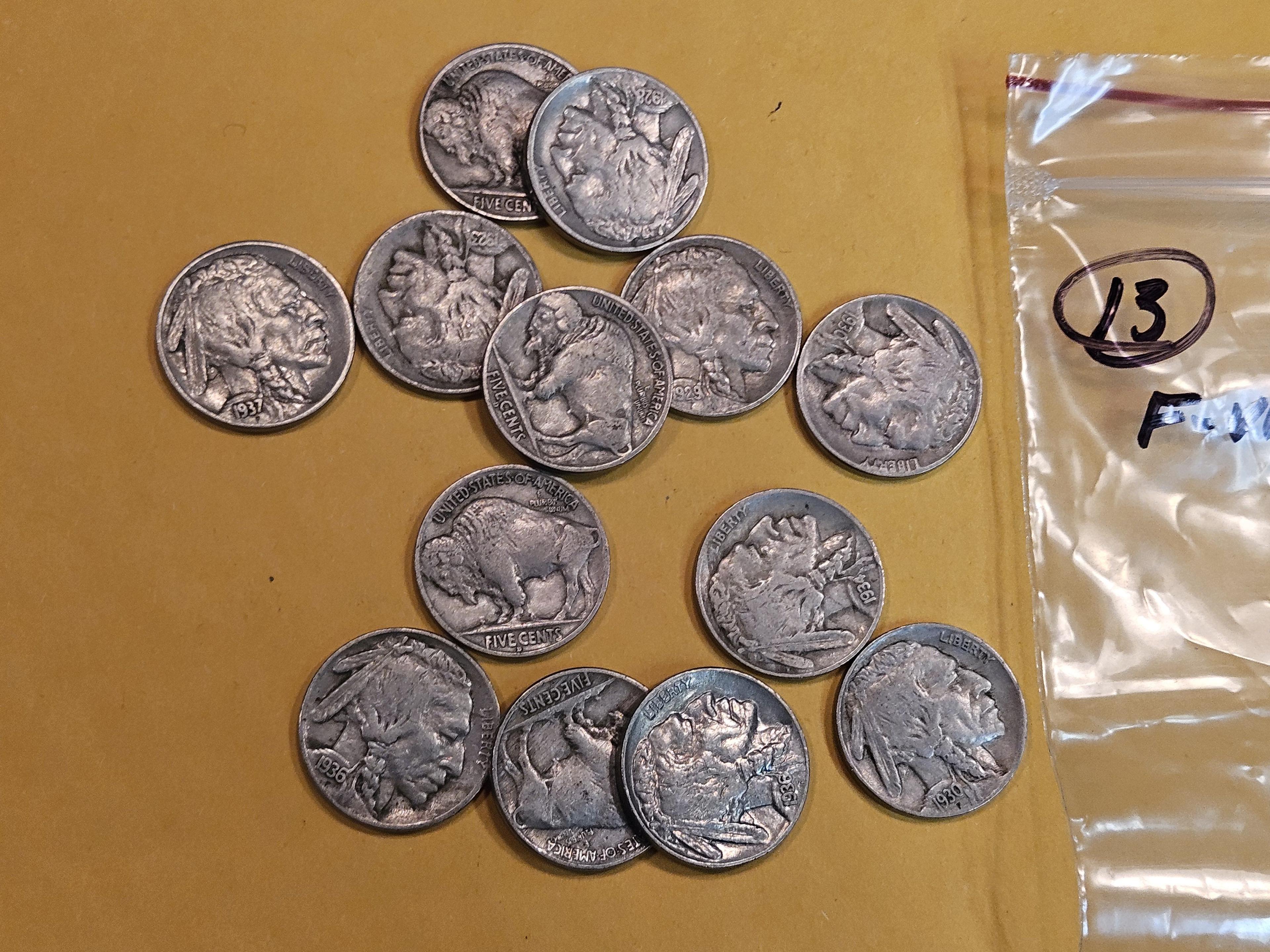 Thirteen mixed Buffalo Nickels