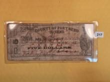 1862 County of Fort Bend Texas Five Dollar Bond Note