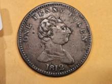 1812 One Penny Token in Very Fine plus