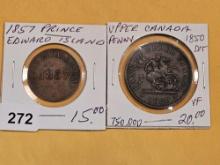 1850 and 1857 Upper Canada half penny and penny tokens