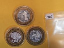 Three Ten Dollar .999 Fine silver Casino Gaming Tokens