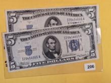 Two Crisp Uncirculated Consecutive Five Dollar 1934-A silver Certificates
