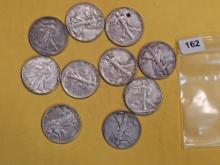 Ten mixed silver Walking Liberty Half Dollars