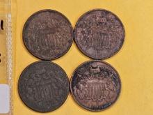 Four About Uncirculated Two Cent pieces