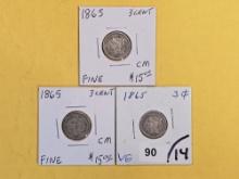 Three 1865 Three Cent Nickels