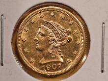 GOLD! Brilliant Uncirculated plus 1907 Liberty Head Gold $2.5 Dollars